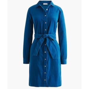 J Crew Corduroy Shirt Dress NWT Womens Size 10 Petite Blue Tie Waist Long Sleeve